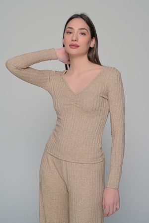 Μπλούζα ριπ με σούρα στο στήθος μπεζ